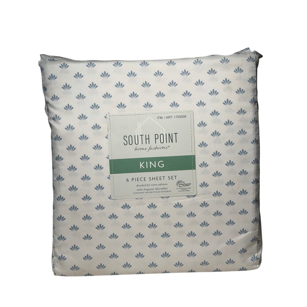 South Point 6 Piece King Sheet Set White With Blue Design Microfiber Pillow Case